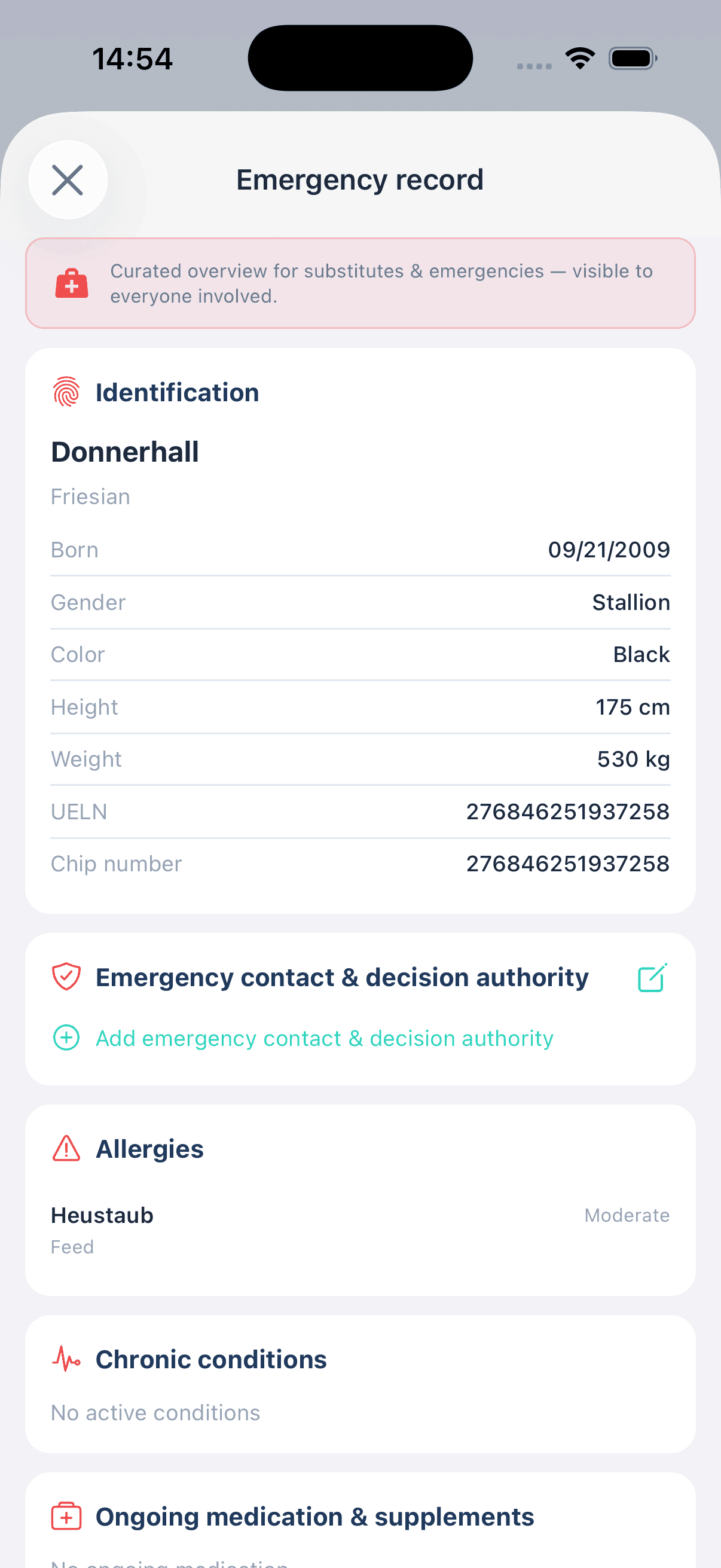 Emergency record with identification, allergies and ongoing medication - shareable as PDF
