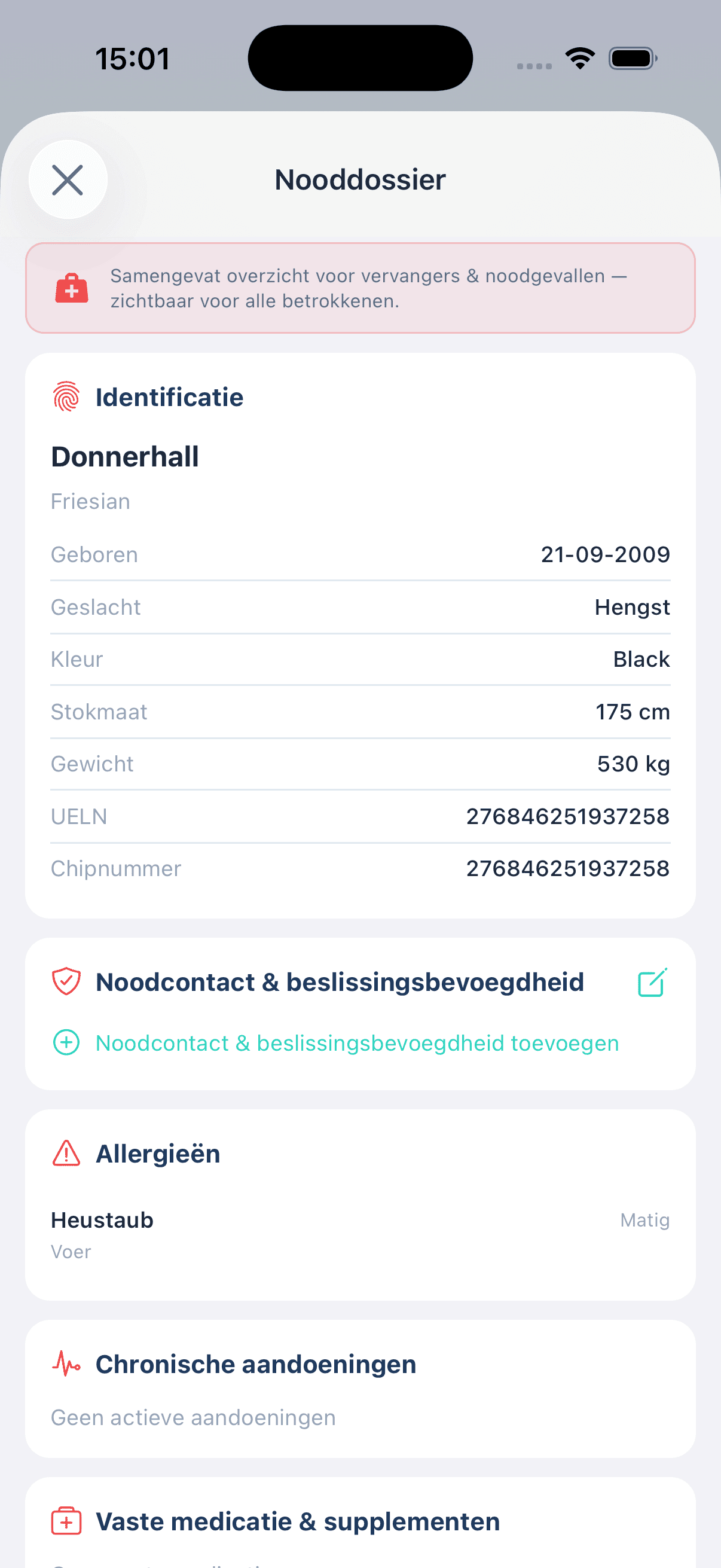 Nooddossier met identificatie, allergieën en vaste medicatie - deelbaar als pdf