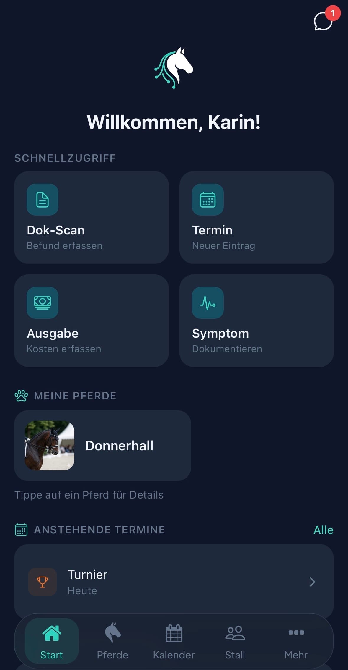StalliQ App - Dashboard mit Schnellzugriff, Pferdeübersicht und Terminen